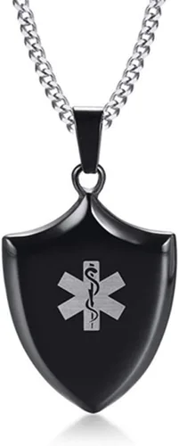 Vista 6 de LiFashion LF - Collar con colgante de acero inoxidable personalizado ICE SOS para hombre, grabado gratuito para hombre, de alerta médica, escudo