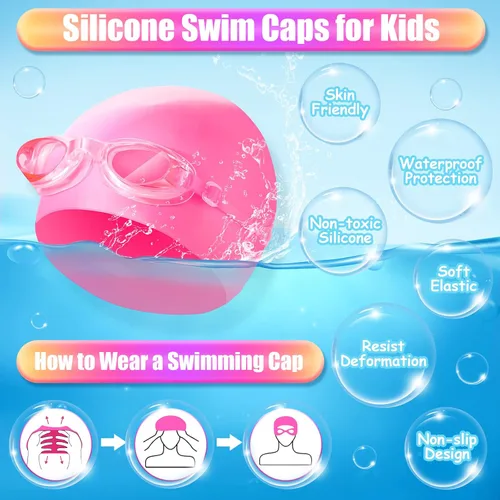 Vista 2 de 8 Pack Kids Swim Caps for Girls, Silicone Swimming Cap for Age 6-14 with Goggles Ear Plug Nose Clip for Children Boys Girls