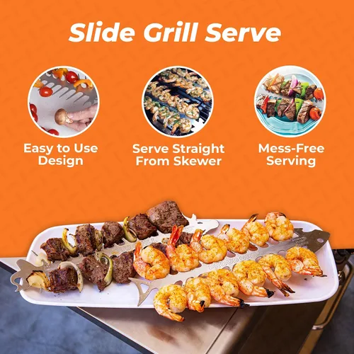Vista 4 de Proud Grill Slide & Serve BBQ - Juego de 2 brochetas reutilizables de acero inoxidable Ideal para asar shish Kabobs Uso para carne de res