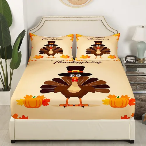 Vista 3 de Erosebridal Lindo juego de sábanas de pavo tamaño individual para niños y niñas, juego de sábanas de cosecha de Acción de Gracias, decoración