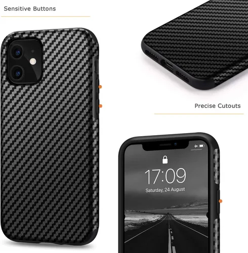 Vista 4 de Tasikar Compatible con iPhone 11, diseño de cuero de fibra de carbono con parachoques de TPU Premium Hybrid Case (negro)