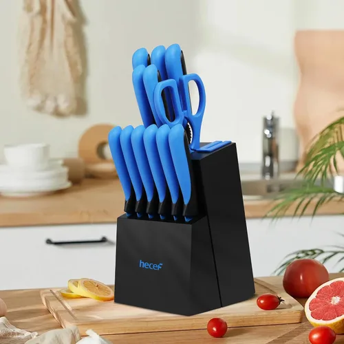 Vista 8 de hecef Juego de cuchillos de cocina de 13 piezas con bloque de madera para afilar integrado, juego de bloques de cuchillos de acero inoxidable