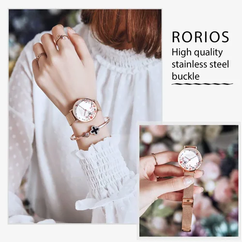 Vista 4 de RORIOS - Reloj de pulsera para mujer con esfera de flores y correa de malla de acero inoxidable analógico de cuarzo para mujer