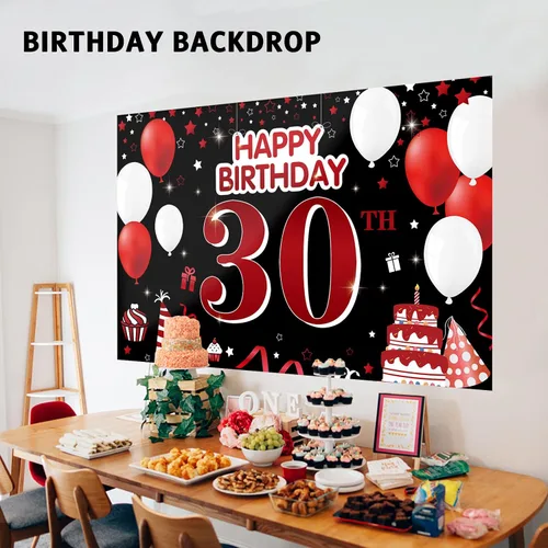 Vista 3 de Cartel de feliz cumpleaños 30 para patio, pancarta de feliz cumpleaños 30 en negro y rojo, decoración para mujeres y hombres, fondo grande de 30