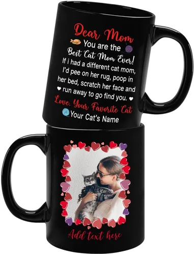 Vista 18 de Taza de cerámica negra personalizada para elegir nombre y foto con texto en inglés "Best Cat Dad Ever Just Ask", taza de café personalizada de 11