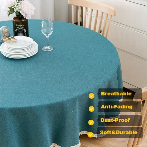 Vista 3 de Mantel redondo de granja decorativo, a prueba de polvo, sin arrugas, mantel de lino con ribete de encaje para mesa circular, color verde azulado, 60