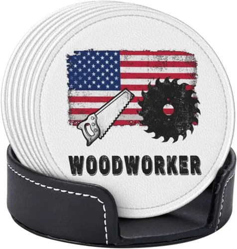 Vista 26 de Juego de 6 posavasos con soporte para electricista con bandera estadounidense, tapete de piel sintética para cocina, bar, mesa, escritorio