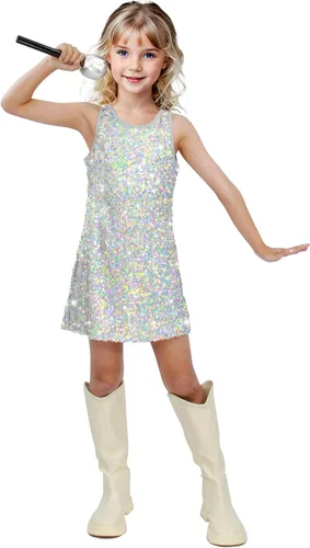 Vista 5 de Vestido de lentejuelas para niñas, sin mangas, con purpurina, disfraz para graduación, concierto, fiesta con accesorio de micrófono de purpurina