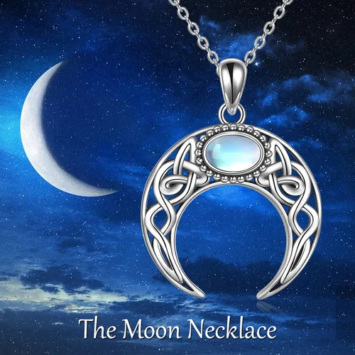 Vista 5 de ONEFINITY Collar de piedra lunar, cruz de plata esterlinadrgaonhongoluna crecientepentagramatalismán, collar con colgante de nudo celta, regalos