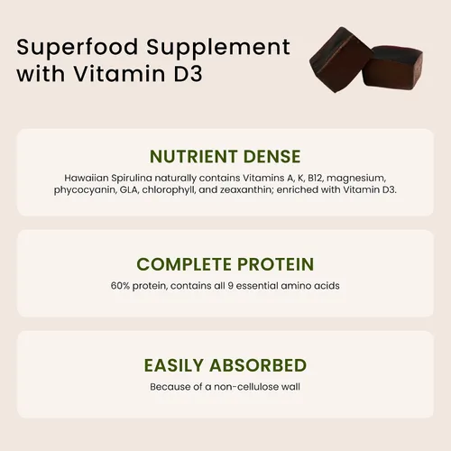 Vista 3 de Nutrex Hawaii Gomitas de espirulina hawaiana pura, sin azúcar, superalimento vegano más vitamina D3, cultivado en granja en Kona, sin OMG, 60