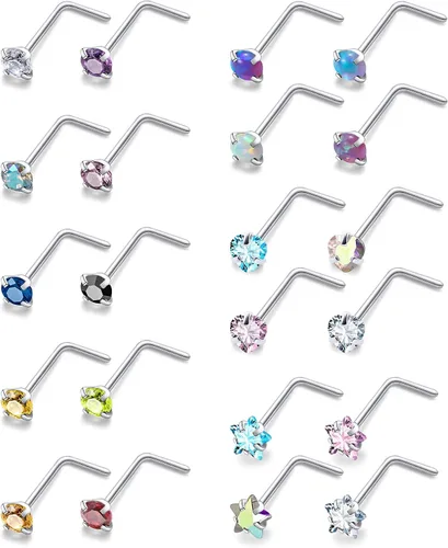 Vista 7 de Piercing para la nariz de 20/0.63 oz, rectos, L/sacacorchos, para la nariz, joyería para mujer, acero inoxidable quirúrgico hipoalergénico