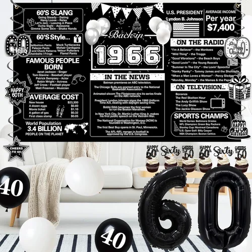 Vista 6 de Crenics Decoraciones de 60 cumpleaños en negro para hombres y mujeres - Telón de fondo de 1966, pancarta, pompones de papel, espirales colgantes
