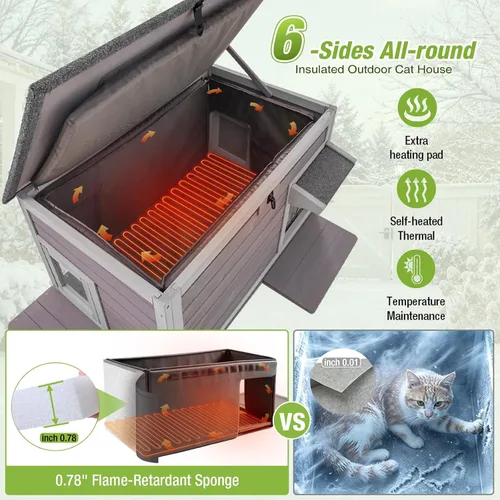 Vista 2 de GUTINNEEN Casa grande para gatos con calefacción para exteriores con forro aislante, refugio para gatos resistente a la intemperie con almohadilla