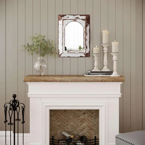 Vista 3 de Farmhouse - Espejos arqueados pequeños de 16 x 12 pulgadas, color blanco envejecido Hanging Rectangular Carved Wood Frame Entryway Mirror