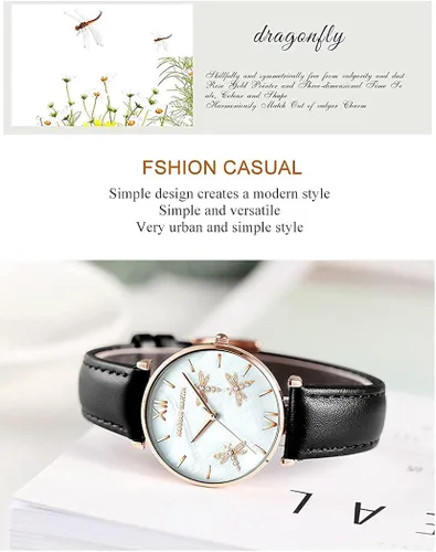 Vista 4 de TENNOVO Fashion Ladies Dragonfly Quartz Watch Luxury Dress Women's 2PCS Bracelet Watch Set Rose Flowers Giftable Packing Box for Women