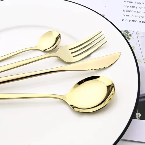 Vista 6 de Juego de cubiertos de acero inoxidable 18/0 con espejo, 24 piezas, incluye cuchillo, tenedor, cuchara, cucharadita, cubiertos para el hogar, Dorado