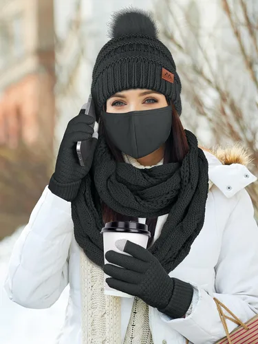 Vista 6 de Motarto Conjunto cálido de invierno, gorro de punto, bufanda y guantes calentadores de oídos, para hombres y mujeres, cubierta cálida para clima frío