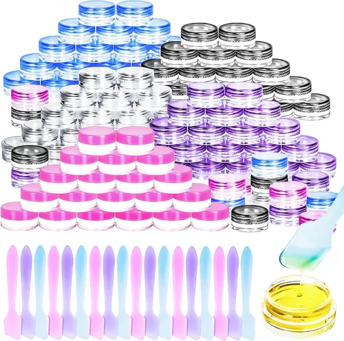 Vista 9 de 100 paquetes de botes de plástico de 3 g con tapas, botes de cosméticos redondos transparentes de 3 ml, botes de maquillaje de 3 gramos
