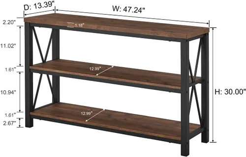 Vista 2 de Mesa de consola rústica detrás del sofá, mesa industrial de entrada con estantes, mesas de sofá de 3 niveles estilo granja para sala de estar, Roble