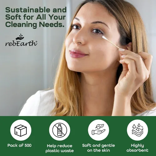 Vista 4 de rebEarth Bamboo Cotton Swabs 500 Count - Biodegradable Wooden Cotton Buds