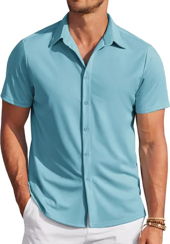 Vista 27 de COOFANDY - Camisas sin arrugas para hombre, casual, manga corta, con botones, de verano, elástica, de vestir