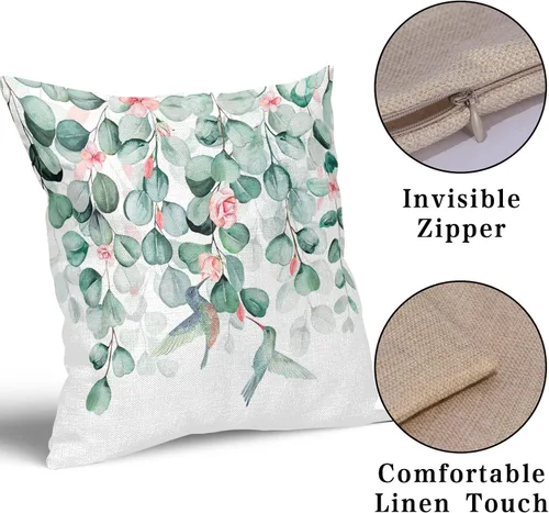 Vista 3 de Giwawa Fundas de almohada de eucalipto de acuarela de pájaros, fundas de almohada de lino de 18 x 18 pulgadas, fundas de almohada de rosas florales