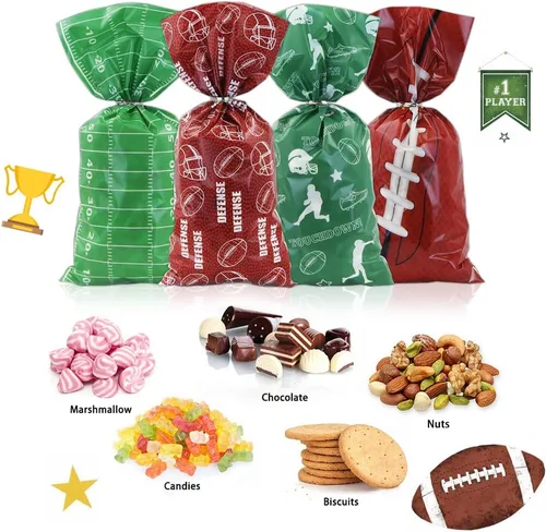 Vista 4 de Boerni 100 bolsas de aperitivos de fútbol, 4 estilos de juegos de pelota, rugby, fútbol, dulces, violonchelo, bolsas con lazos giratorios plateados