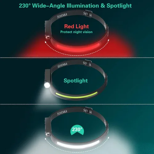 Vista 2 de SEVENKA 3 faros recargables con luz roja, linterna LED con funda de transporte, 1000 lúmenes, haz ancho de 230° y luz puntual, modo sensor, lámpara