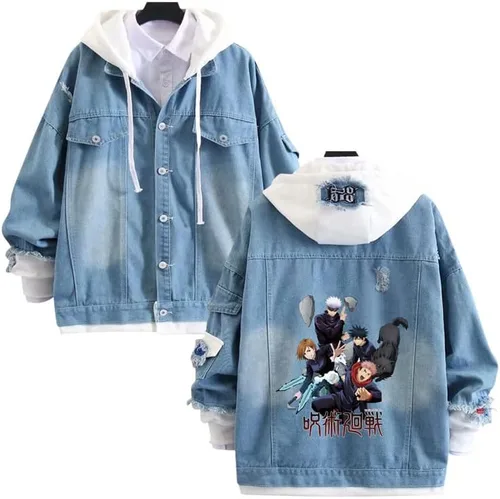 Vista 3 de Ning Qi Anime JujutsuKaisen - Chaquetas de mezclilla unisex con capucha