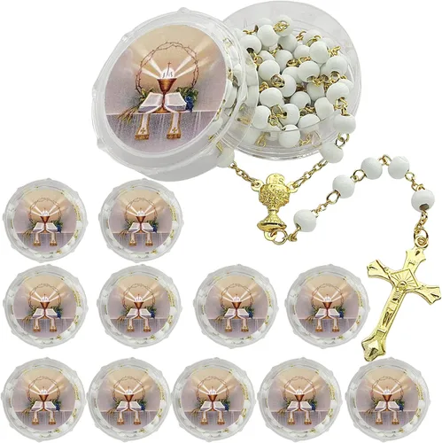 Vista 10 de Recuerdo de rosario perfumado para la Primera Comunión – 12 rosarios con caja de regalo individual y bolsa de organza., Madera, No es una piedra