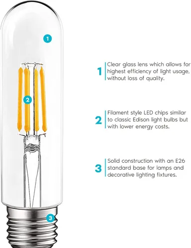 Vista 4 de LUXRITE Bombilla LED T10, equivalente a 5 W = 60 W, blanco cálido de 2700 K, bombilla de filamento Edison vintage, 500 lúmenes, bombilla tubular