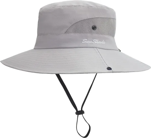 Vista 2 de Sombrero de sol para mujer con protección UV, malla plegable, ala ancha, sombrero de pesca para playa