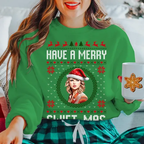 Vista 3 de UNIQUE CUSTOM GIFTS Sudadera de cuello redondo con texto en inglés "Merry Ugly Christmas", divertida sudadera de Navidad de Taylor para fiesta