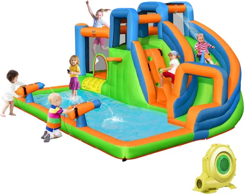 Vista 11 de BOUNTECH Tobogán acuático inflable, castillo de salto de parque acuático para niños con gran piscina de salpicaduras, 2 paredes de escalada