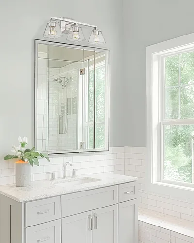 Vista 7 de HWH - Lámpara de baño moderna, lámpara de tocador de pared de níquel cepillado, lámpara de pared de tocador con campana cuadrada y pantalla