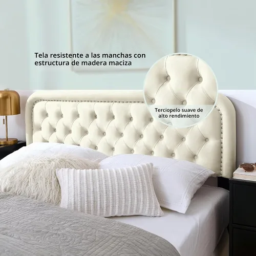 Vista 3 de Cabecero capitonado tapizado de tamaño completo solamente - Cabeceros de madera maciza con botones con altura ajustable - Cabeceros de cama modernos