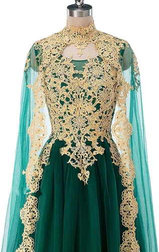 Vista 3 de Kivary Vestidos de noche largos de encaje dorado vintage con capa, Oro