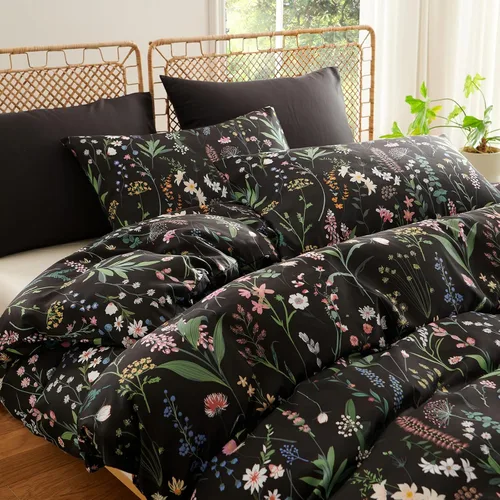 Vista 3 de Nayoroom Funda de edredón floral negra, tamaño Queen, funda de edredón de flores botánicas de primavera, 3 piezas, suave, ligera, juego de ropa