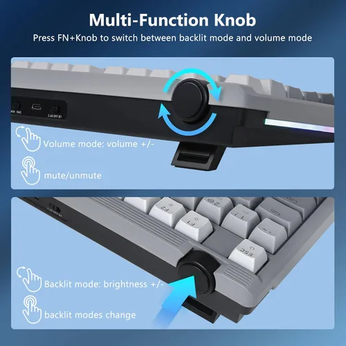 Vista 7 de Redragon Teclado mecánico inalámbrico, Bluetooth/2.4GHz/USB-C con cable, 75% teclado para juegos personalizado intercambiable en caliente