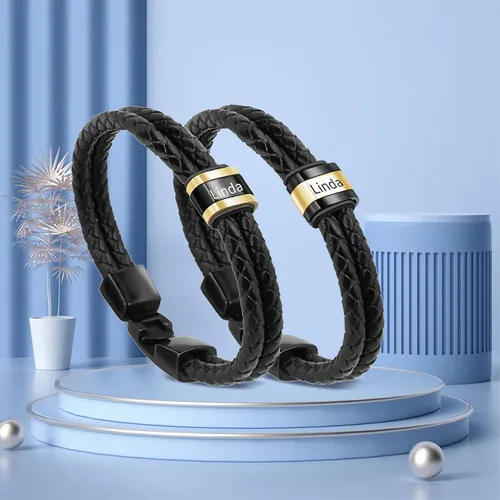 Vista 46 de Pulseras de cuero personalizadas para hombre con 1-6 nombres, pulsera trenzada personalizada con cuentas para papá, marido, día del padre, San