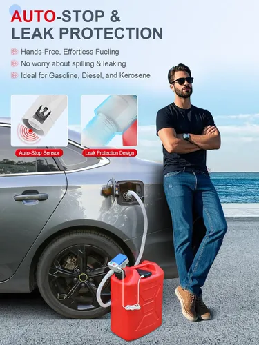 Vista 5 de Bomba de transferencia de combustible de 3.2 GPM, USB tipo C y batería AA, bomba de líquido portátil de manguera de 51 pulgadas con sensor de parada