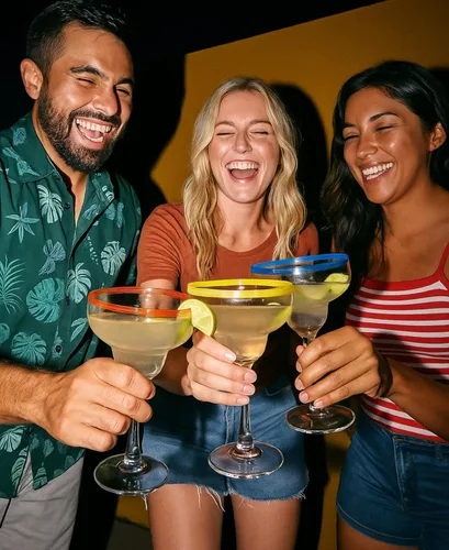 Vista 2 de Vasos de cóctel Margarita de 12 onzas + bordes coloridos para fiesta, juego de 4, resistentes, gruesos, soplados a mano, copas clásicas de bebidas
