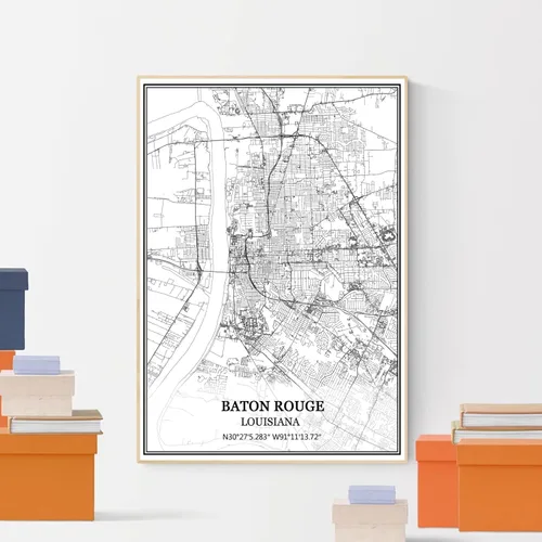 Vista 4 de TANOKCRS Baton Rouge Louisiana USA - Póster impreso en lienzo con diseño de mapa de Estados Unidos, sin marco, moderno, en blanco y negro, regalo