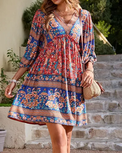 Vista 5 de BTFBM Vestidos casuales de primavera y verano para mujer, cuello en V, manga larga 34, con volantes, floral, estilo bohemio, mini vestido de playa
