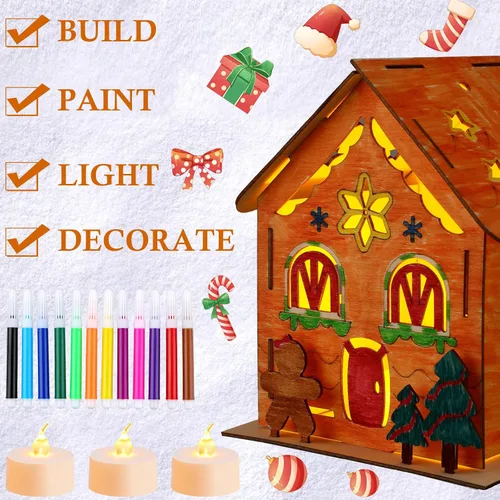 Vista 3 de Spiareal 12 juegos de kit de bricolaje para casa de pan de jengibre de Navidad de madera con velas sin llama LED, lápices acuarela, manualidades