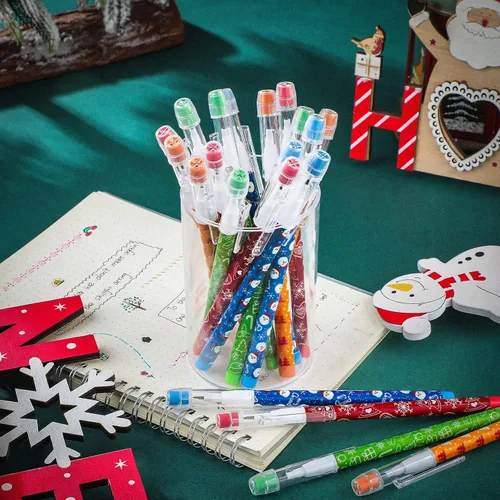 Vista 4 de Teling Lápices apilables de Navidad a granel con borrador, lápiz translúcido, multipunto, apilable, lápiz de empuje, divertido, Navidad, invierno