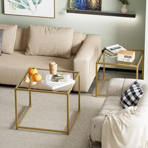 Vista 6 de Mesa de centro de cristal moderna para sala de estar, juego de 2 mesas anidables minimalistas para sala de estar, tapa de vidrio templado con marco