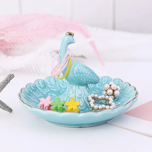 Vista 2 de Soporte para anillos de pavo real azul, bandeja de joyería, collar, pulsera, organizador de cerámica, regalo de cumpleaños para novia, plato de 4.5
