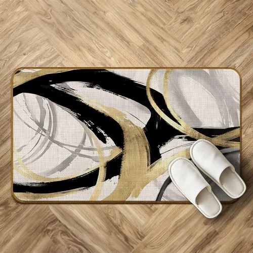 Vista 2 de Tapete abstracto bohemio negro y dorado, moderno, negro, blanco y dorado, antideslizante, para puerta delantera, porche, interior, exterior