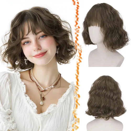 Vista 19 de BARSDAR Peluca corta ondulada con reflejos castaño, peluca corta ondulada con flequillo para mujer, gruesa, suave, sintética, texturizada, rizada